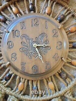 Vtg 70's MID Century 27 Handcrafted Jute Boho Macrame Working Clock Wall Art