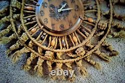 Vtg 70's MID Century 27 Handcrafted Jute Boho Macrame Working Clock Wall Art