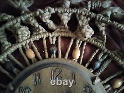 Vtg 70's MID Century 27 Handcrafted Jute Boho Macrame Working Clock Wall Art