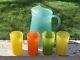 Vtg MID Century Blendo Turquoise Ice Tea Pitcher & Multi Colored Glasses (18d)