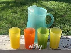 Vtg MID Century Blendo Turquoise Ice Tea Pitcher & Multi Colored Glasses (18d)