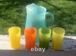 Vtg MID Century Blendo Turquoise Ice Tea Pitcher & Multi Colored Glasses (18d)