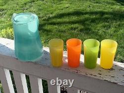 Vtg MID Century Blendo Turquoise Ice Tea Pitcher & Multi Colored Glasses (18d)