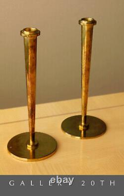 Vtg MID Century Brass Atomic Modern Candle Holders! Sleek Saucer Art Deco Pair