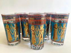 Vtg MID Century Modern Rare Egyptian Revival Gold Leaf Highball Glasses Set Of 8