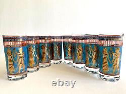 Vtg MID Century Modern Rare Egyptian Revival Gold Leaf Highball Glasses Set Of 8