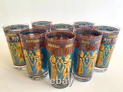 Vtg MID Century Modern Rare Egyptian Revival Gold Leaf Highball Glasses Set Of 8