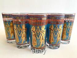 Vtg MID Century Modern Rare Egyptian Revival Gold Leaf Highball Glasses Set Of 8