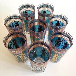 Vtg MID Century Modern Rare Egyptian Revival Gold Leaf Highball Glasses Set Of 8