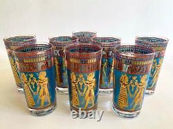 Vtg MID Century Modern Rare Egyptian Revival Gold Leaf Highball Glasses Set Of 8