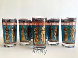 Vtg MID Century Modern Rare Egyptian Revival Gold Leaf Highball Glasses Set Of 8