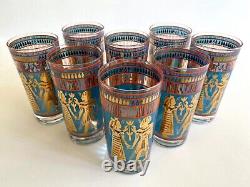 Vtg MID Century Modern Rare Egyptian Revival Gold Leaf Highball Glasses Set Of 8