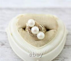 Vtg Mid Century 14K Yellow Gold 3 Pearl Ring Floral Luxury Cocktail Retro 8.5