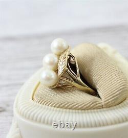 Vtg Mid Century 14K Yellow Gold 3 Pearl Ring Floral Luxury Cocktail Retro 8.5