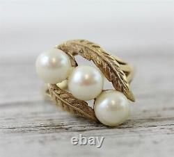 Vtg Mid Century 14K Yellow Gold 3 Pearl Ring Floral Luxury Cocktail Retro 8.5