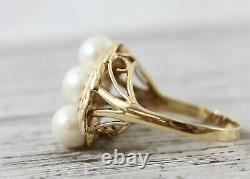 Vtg Mid Century 14K Yellow Gold 3 Pearl Ring Floral Luxury Cocktail Retro 8.5