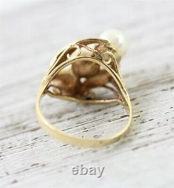 Vtg Mid Century 14K Yellow Gold 3 Pearl Ring Floral Luxury Cocktail Retro 8.5