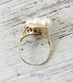 Vtg Mid Century 14K Yellow Gold 3 Pearl Ring Floral Luxury Cocktail Retro 8.5