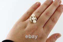 Vtg Mid Century 14K Yellow Gold 3 Pearl Ring Floral Luxury Cocktail Retro 8.5