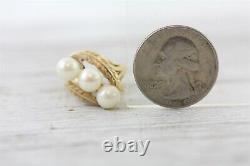 Vtg Mid Century 14K Yellow Gold 3 Pearl Ring Floral Luxury Cocktail Retro 8.5