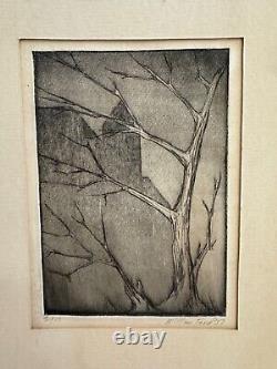 Vtg Mid Century 1957 William Ford Signed Etching Print Dusk of Tree & Buildings