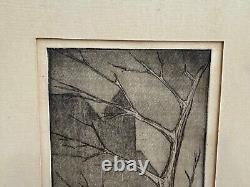 Vtg Mid Century 1957 William Ford Signed Etching Print Dusk of Tree & Buildings