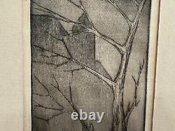 Vtg Mid Century 1957 William Ford Signed Etching Print Dusk of Tree & Buildings