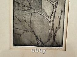 Vtg Mid Century 1957 William Ford Signed Etching Print Dusk of Tree & Buildings