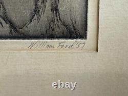 Vtg Mid Century 1957 William Ford Signed Etching Print Dusk of Tree & Buildings