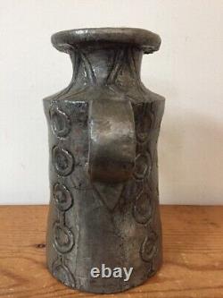 Vtg Mid Century 2 Handle Pewter Toned Abstract Geometric Pottery Flower Vase Jug