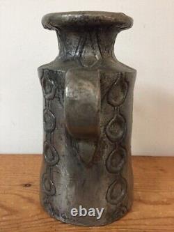 Vtg Mid Century 2 Handle Pewter Toned Abstract Geometric Pottery Flower Vase Jug