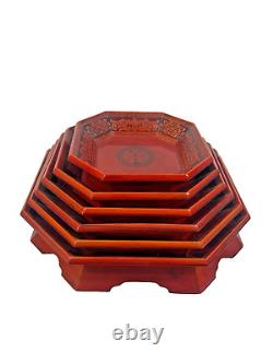 Vtg Mid Century Korean Octagon Pagoda Nesting Trays Lacquered Orange