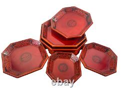 Vtg Mid Century Korean Octagon Pagoda Nesting Trays Lacquered Orange