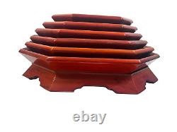 Vtg Mid Century Korean Octagon Pagoda Nesting Trays Lacquered Orange