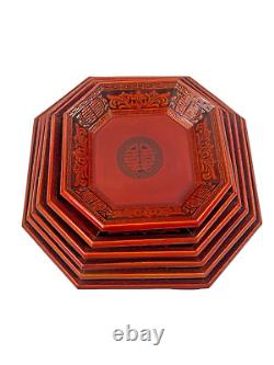 Vtg Mid Century Korean Octagon Pagoda Nesting Trays Lacquered Orange