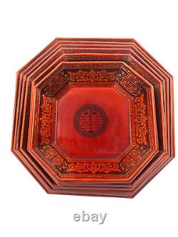 Vtg Mid Century Korean Octagon Pagoda Nesting Trays Lacquered Orange