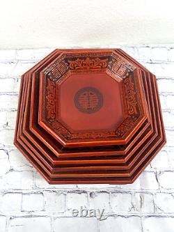 Vtg Mid Century Korean Octagon Pagoda Nesting Trays Lacquered Orange