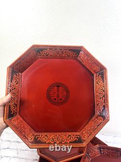 Vtg Mid Century Korean Octagon Pagoda Nesting Trays Lacquered Orange