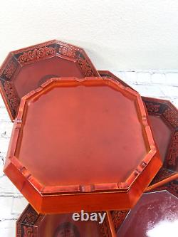 Vtg Mid Century Korean Octagon Pagoda Nesting Trays Lacquered Orange