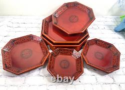 Vtg Mid Century Korean Octagon Pagoda Nesting Trays Lacquered Orange