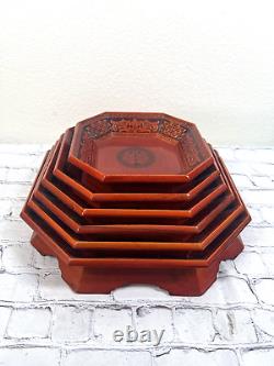 Vtg Mid Century Korean Octagon Pagoda Nesting Trays Lacquered Orange