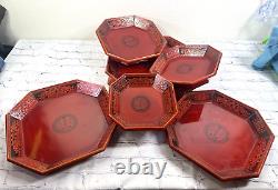 Vtg Mid Century Korean Octagon Pagoda Nesting Trays Lacquered Orange