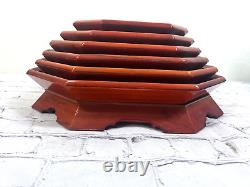 Vtg Mid Century Korean Octagon Pagoda Nesting Trays Lacquered Orange