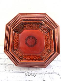 Vtg Mid Century Korean Octagon Pagoda Nesting Trays Lacquered Orange