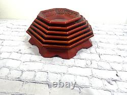 Vtg Mid Century Korean Octagon Pagoda Nesting Trays Lacquered Orange