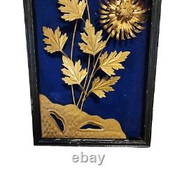 Vtg Mid Century MCM Asian 3-D Framed Metalware & Velvet Wall Art Floral Birds