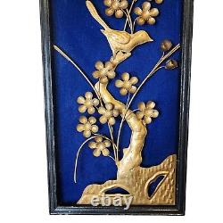 Vtg Mid Century MCM Asian 3-D Framed Metalware & Velvet Wall Art Floral Birds