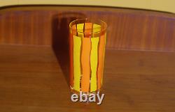 Vtg Mid Century Modern Striped Orange & Yellow Highball Glasses with Ice Bucket