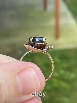 Vtg Mid Century Modernist 10k Yellow Gold Black Sapphire Ring. Size 6.25, 4g