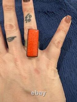 Vtg Mid Century Modernist Red Rectangle Clay Adjustable Ring